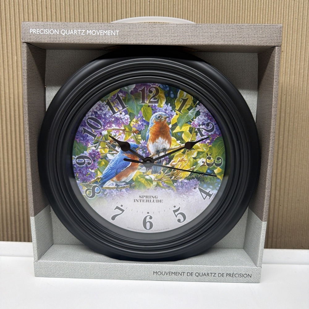 Reflective Art 10' Wall Clock BlueBirds Spring Interlude W/ Flower Garden Cabin